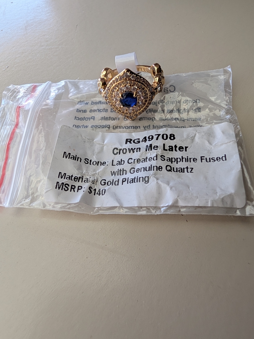 "Crown Me Later" Bomb Party Gold-Plated Ring with Lan Created Sapphire - Size 5